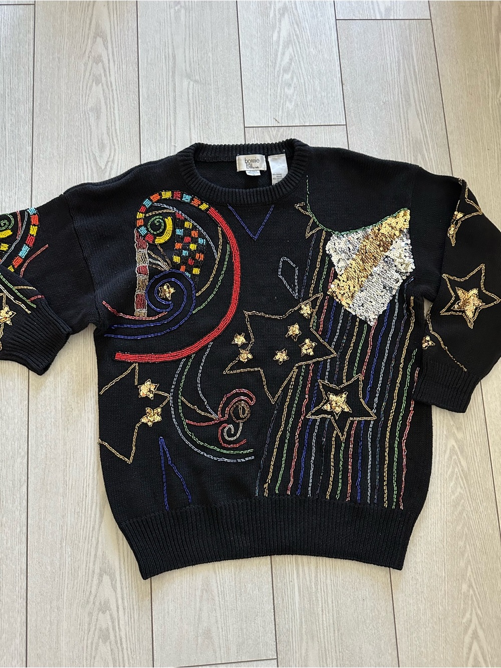 Black Embroidered Sequin Star Crewneck Sweater for Women